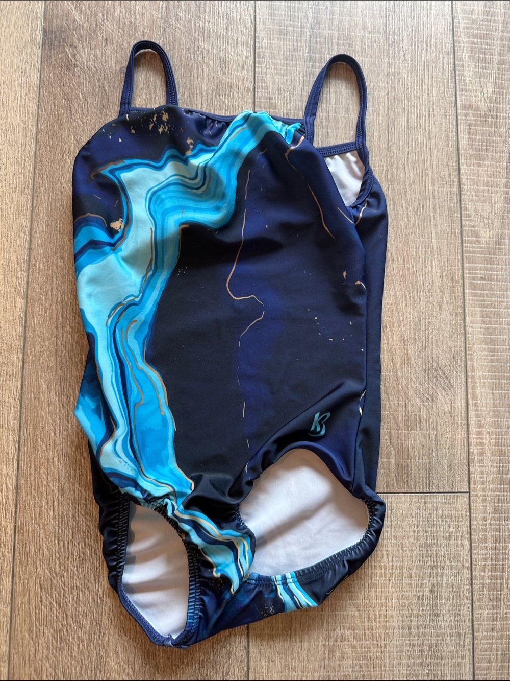 Bee Girls Navy & Aqua Marble One-Piece Gymnastics Leotard Size 8-10